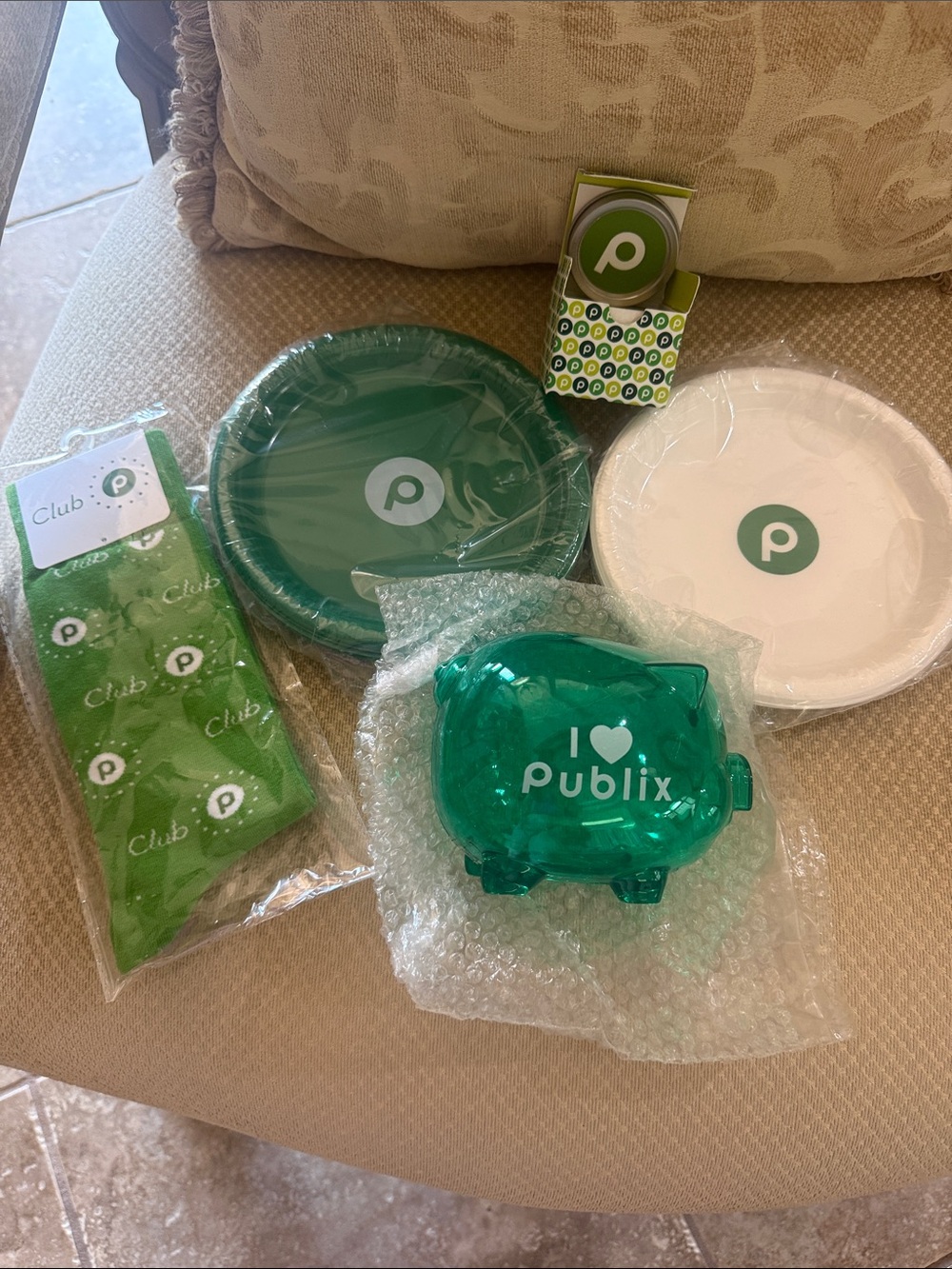 Publix Party Supply Set - Plates, Piggy Bank, Socks & Publix Candle.